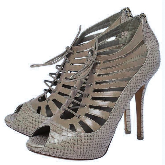 Dior Grey Snake Leather Cage Lace Up Peep Toe Pumps - Picture 2 of 7